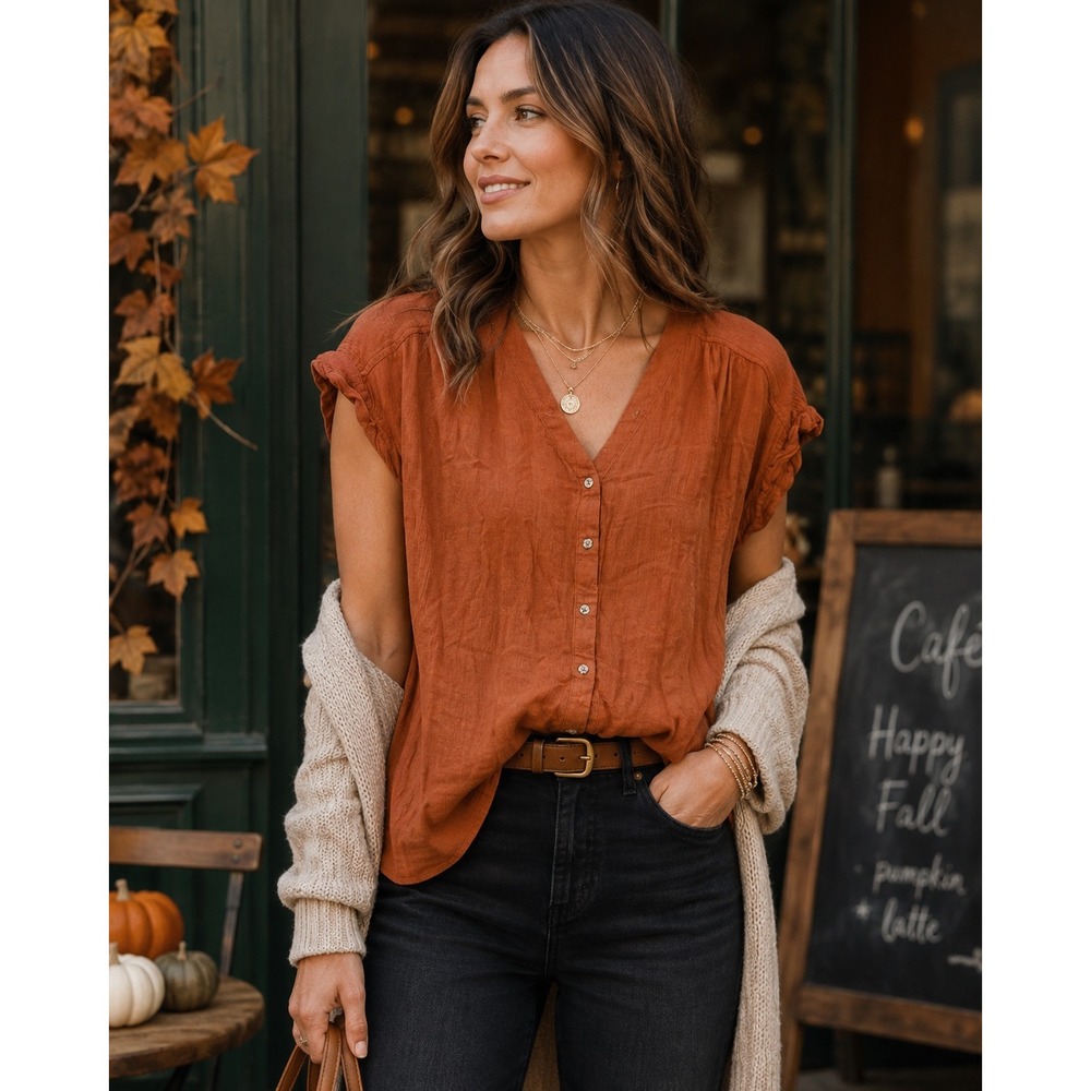 Orvis Blouse Women Small Rust Rayon V Neck Button Front Boho Fall Top